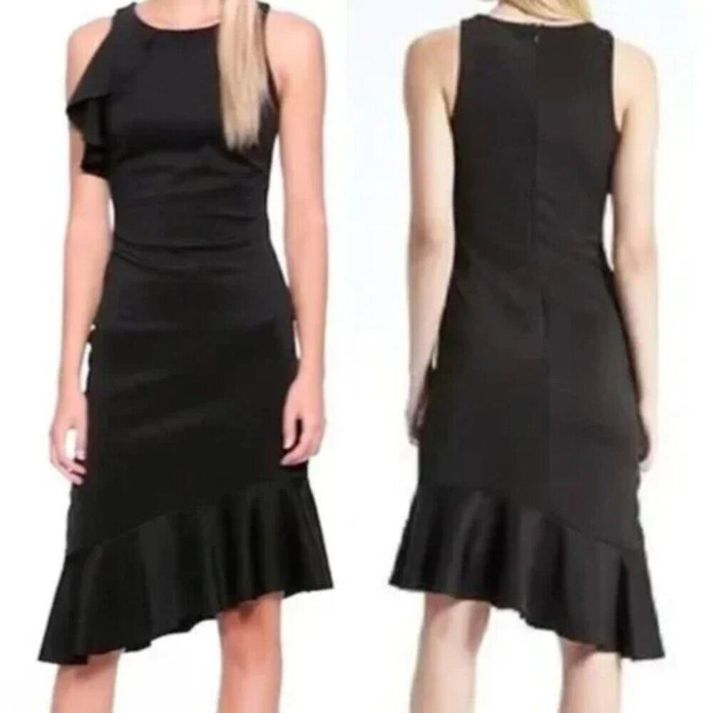 Banana Republic Black Sheath Dress Flounce Asymmetrical Ruffle Hem Size 4 N0272